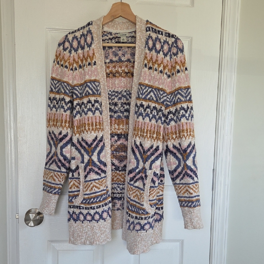 L. L. BEAN Women's Cotton Ragg Sweater, Open Cardigan Fair Isle